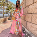 Zayla - Luxuriöses langärmeliges Boho Drucken Langes Kleid mit Gürtel