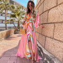 Zayla - Luxuriöses langärmeliges Boho Drucken Langes Kleid mit Gürtel