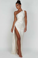 Eliana - Schulter Schlitz Plissiertes Satinkleid