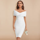 Thalia - Modisches schulterfreies Midikleid mit V Ausschnitt und schmaler Passform