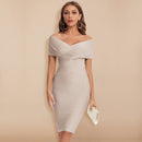 Thalia - Modisches schulterfreies Midikleid mit V Ausschnitt und schmaler Passform