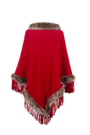 Greta - Luxuriöser Poncho mit Fransen und Kunstfellkragen