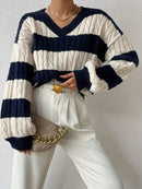 Freya - Langärmeliger Gestreift V Ausschnitt Loser Pullover