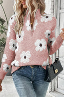 Gisela - Langärmelig Blümchenmuster Halb Reißverschluss Pullover