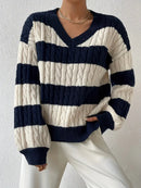 Freya - Langärmeliger Gestreift V Ausschnitt Loser Pullover