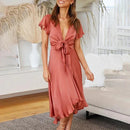 Isabel - Elegantes Midi Kleid mit tiefem V Ausschnitt und Puffärmeln für einen einzigartigen Look