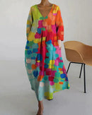 Annika – Modisches bedrucktes Langarmkleid mit V Ausschnitt und Seitentaschen
