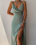 Birga – Elegantes ärmelloses Maxikleid mit V Ausschnitt Seitenschlitz und Spaghettiträgern