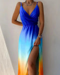 Birga – Elegantes ärmelloses Maxikleid mit V Ausschnitt Seitenschlitz und Spaghettiträgern