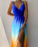 Birga – Elegantes ärmelloses Maxikleid mit V Ausschnitt Seitenschlitz und Spaghettiträgern