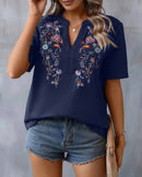 Laura - Elegante Bluse mit Blumenstickerei V Ausschnitt und kurzen Ärmeln