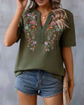 Laura - Elegante Bluse mit Blumenstickerei V Ausschnitt und kurzen Ärmeln