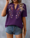 Laura - Elegante Bluse mit Blumenstickerei V Ausschnitt und kurzen Ärmeln
