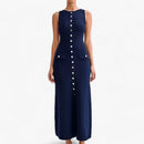 Lina - Rundhalsausschnitt Ärmellos Maxikleid Mit Schaltflächen