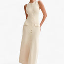 Lina - Rundhalsausschnitt Ärmellos Maxikleid Mit Schaltflächen