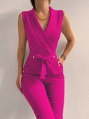 Luisa - Lässiger ärmelloser Jumpsuit mit V Ausschnitt Taillengürtel und schmaler Passform