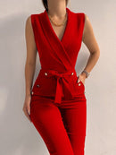 Luisa - Lässiger ärmelloser Jumpsuit mit V Ausschnitt Taillengürtel und schmaler Passform