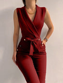 Luisa - Lässiger ärmelloser Jumpsuit mit V Ausschnitt Taillengürtel und schmaler Passform