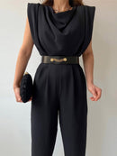 Luisa - Lässiger ärmelloser Jumpsuit mit V Ausschnitt Taillengürtel und schmaler Passform