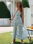 Alina – Stilvolles ärmelloses langes Kleid mit Blumendruck und Neckholder V Ausschnitt