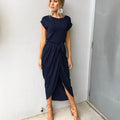 Sandra - Modisches kurzärmeliges Maxikleid mit Rundhalsausschnitt und Schlitz vorne