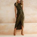 Sandra - Modisches kurzärmeliges Maxikleid mit Rundhalsausschnitt und Schlitz vorne
