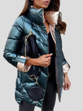 Marie - Langärmelige Standkragen Glänzend Mantel Mit Taschen
